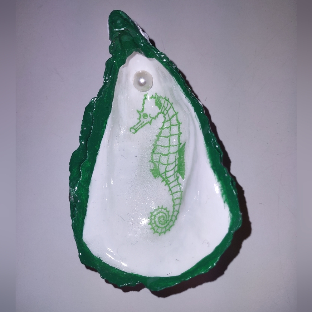 Seahorse print decoupaged onto oyster